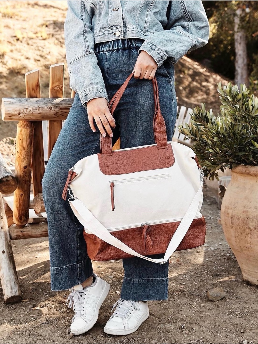 Two-Tone Cream and Brown Canvas Tote with Leather Accents